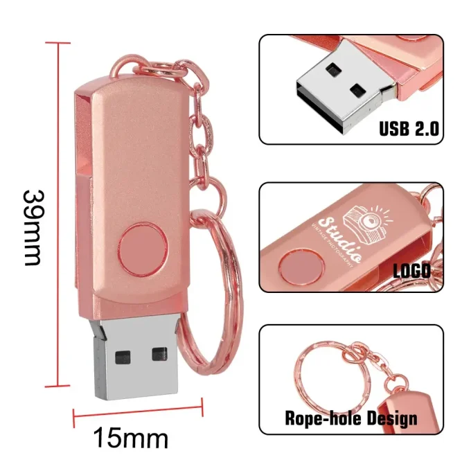 Metal USB 2.0 Flash Drive Rotation Pen Drive 4GB 8GB 16GB 32GB Real Capacity Pendrive Waterproof USB Memory Stick with Key Chain