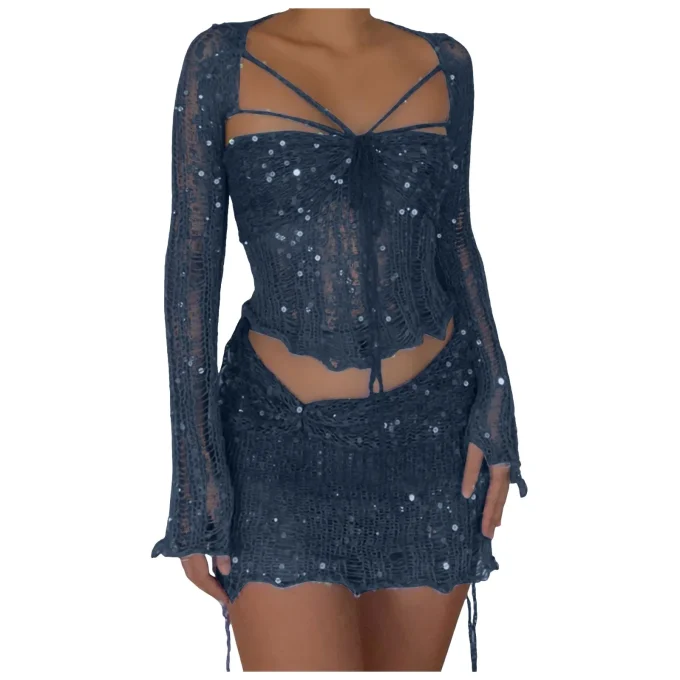 Women Fashion Sexy Hollow Sequins Bandage Tube Top