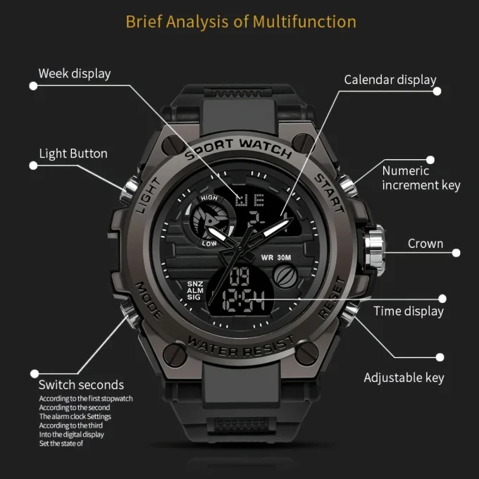 Dual Display Tough Electronic Clock Wrist Watches for Men